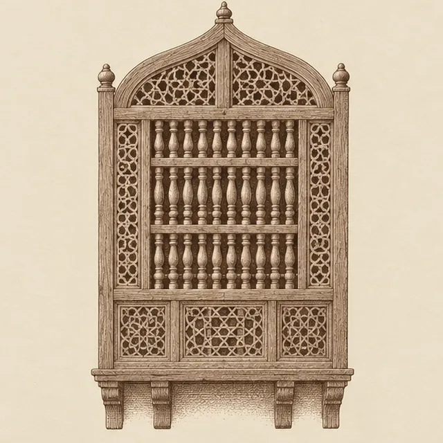 Engraving of a carved cedar mashrabiya screen