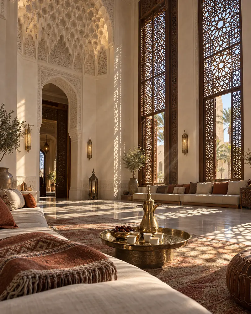 A double-height majlis with low cushioned seating, a brass dallah and light through carved screens