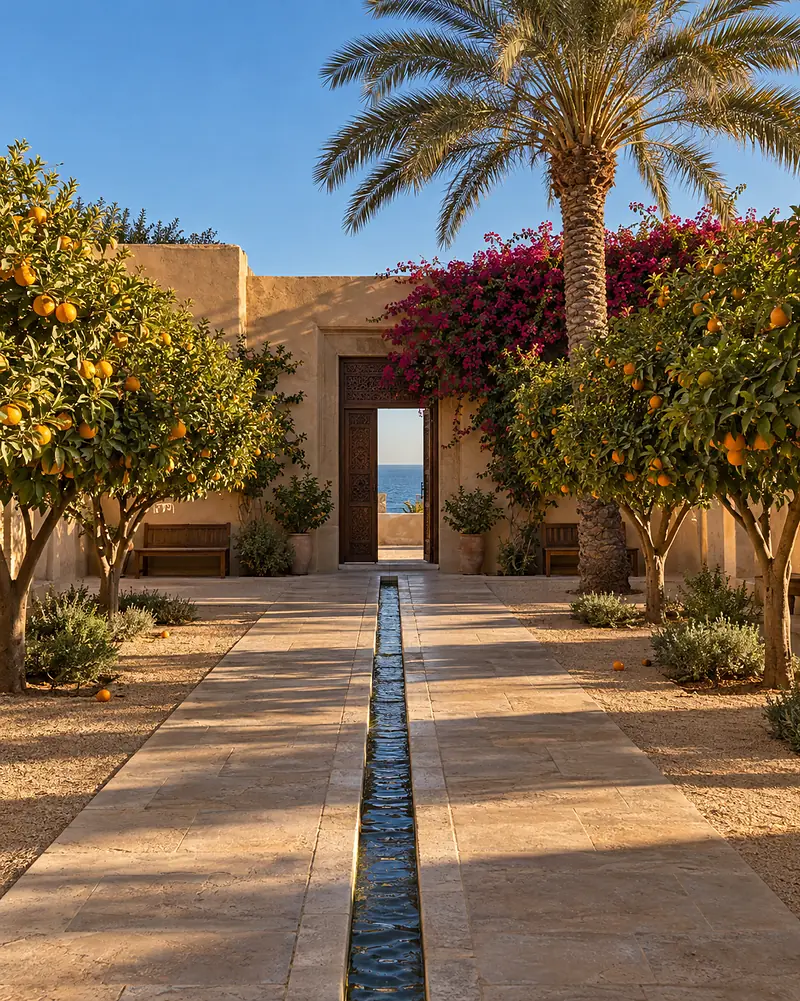 A walled garden of clipped orange trees around a single narrow stone rill