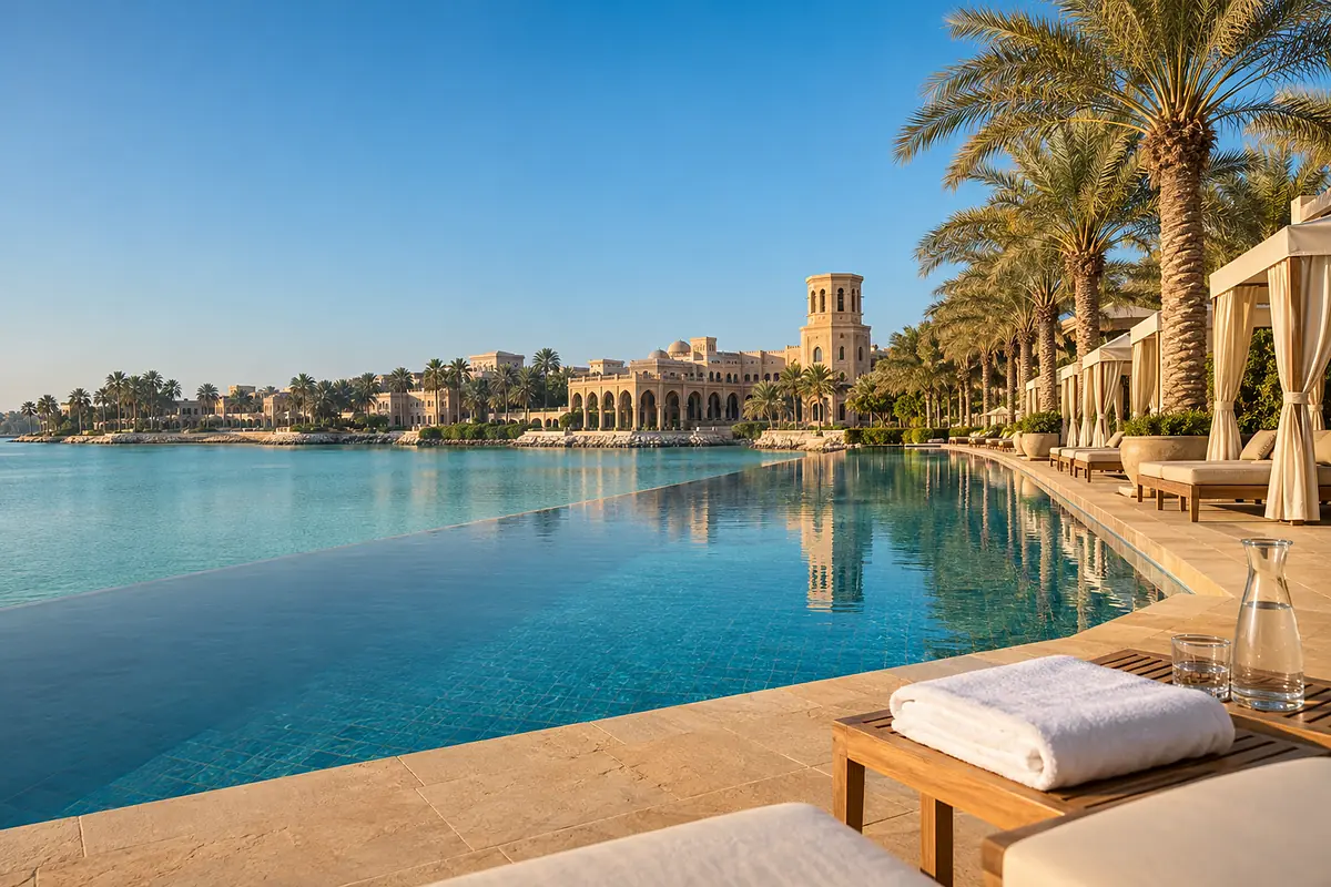 A long pool on a stone terrace at the edge of the lagoon, cream parasols and palms along its side