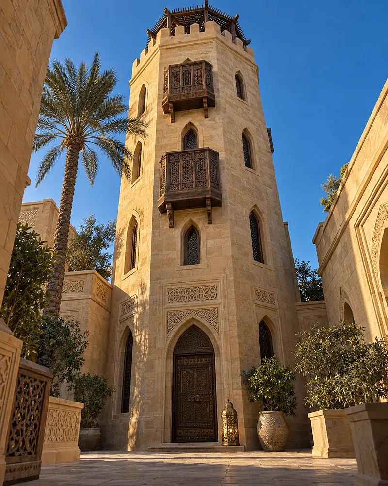 The octagonal stone tower with carved timber balconies against a deep blue sky