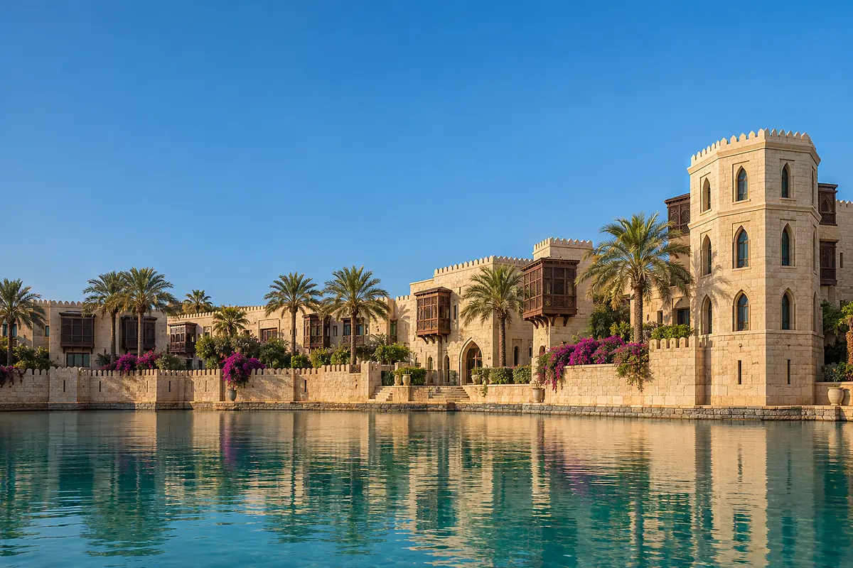 The quay front of the palace across the lagoon: crenellated walls, carved balconies, palms and the stone tower