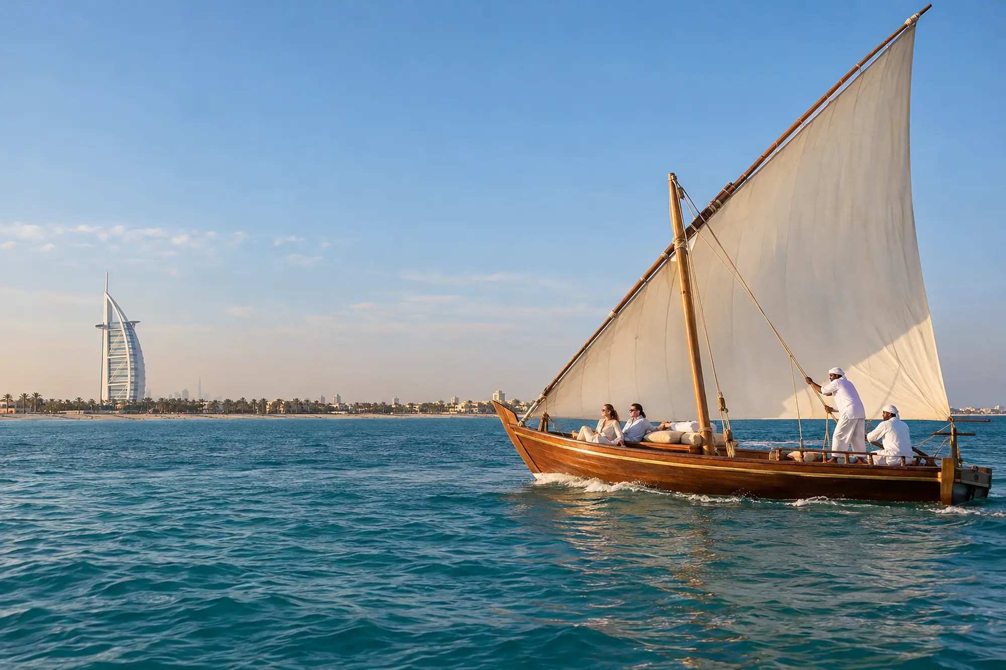 A dhow under a cream lateen sail off the Jumeirah coast