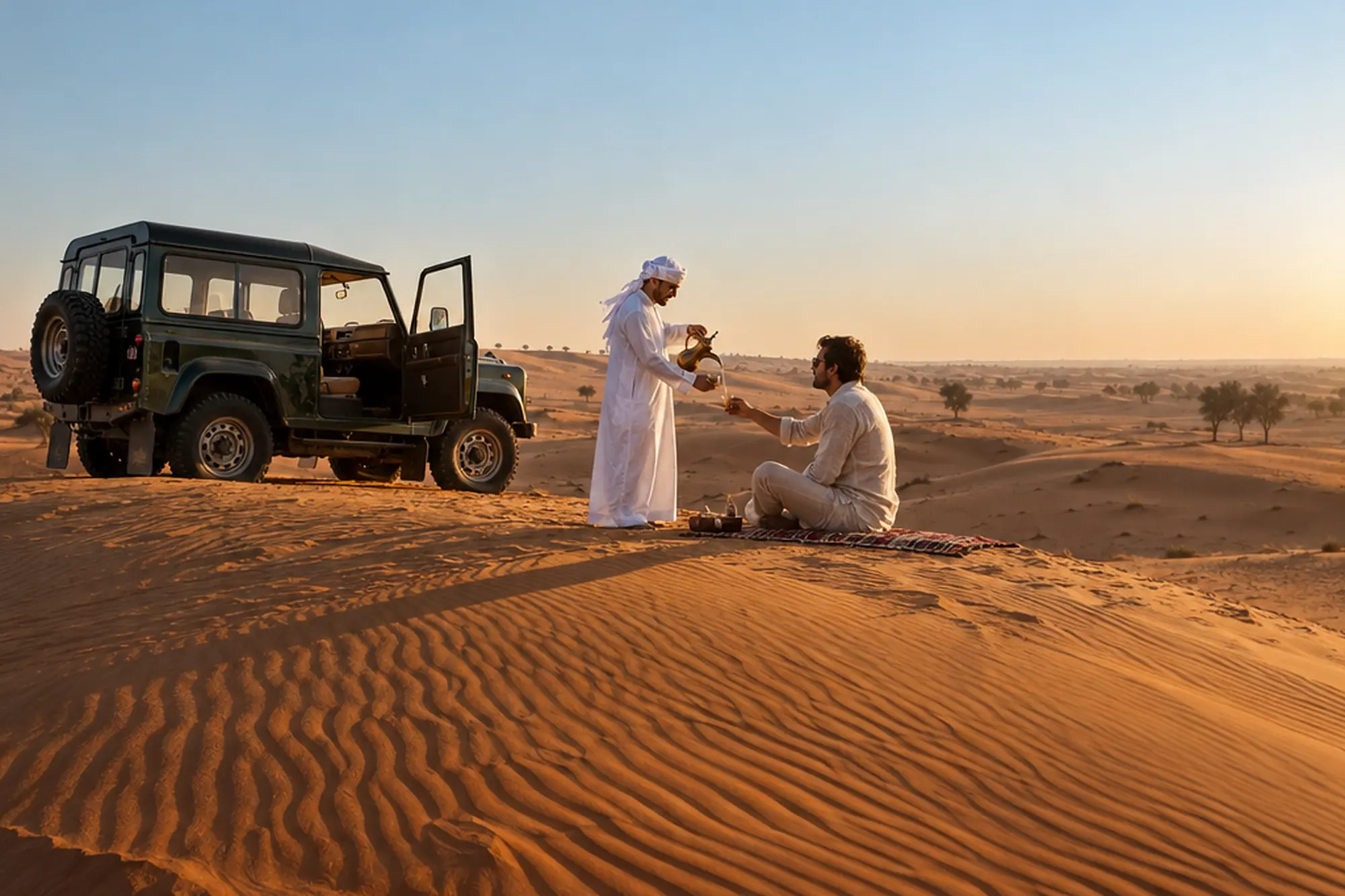 A guide pours coffee beside a vintage Land Rover on a dune ridge