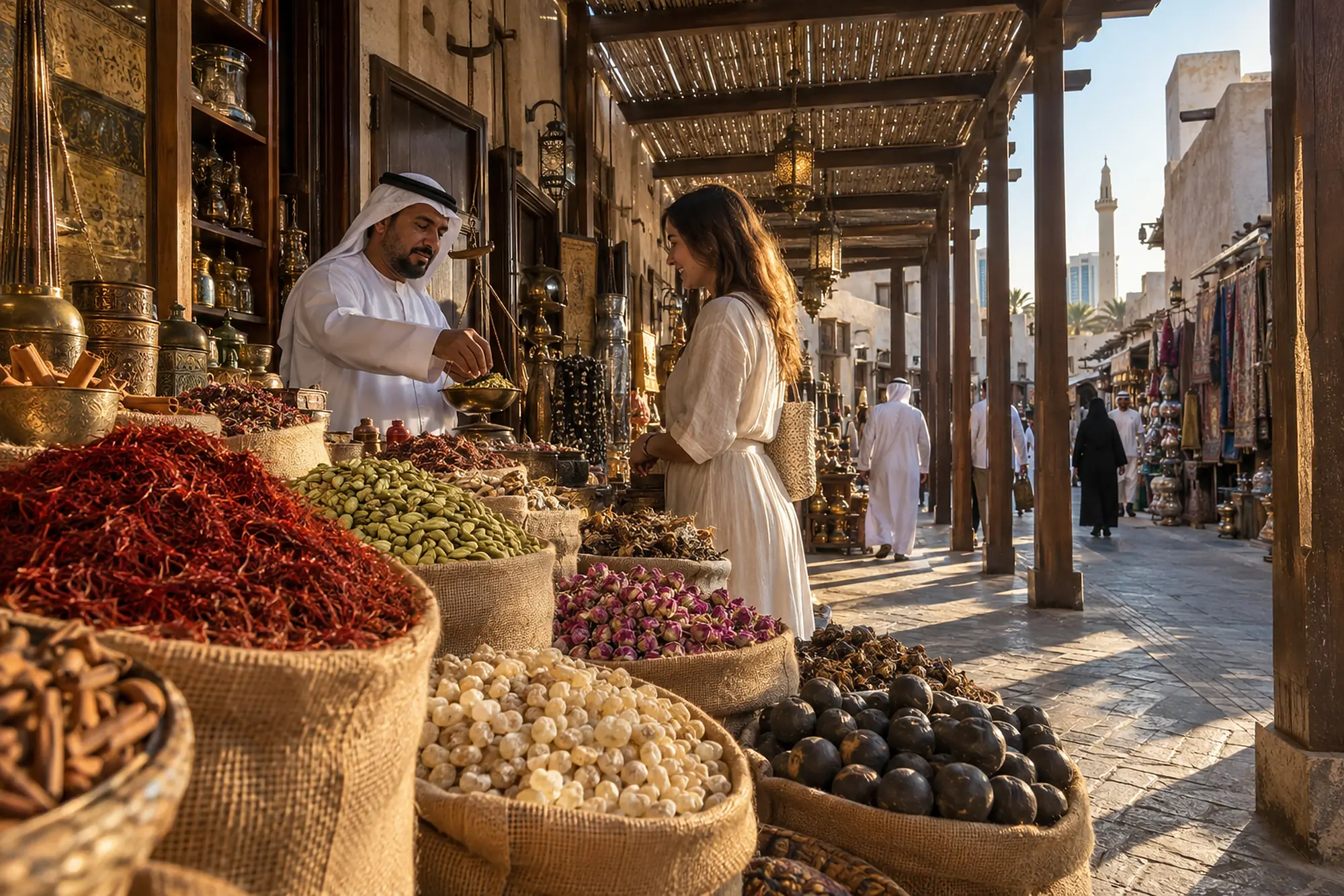 A spice souk lane with sacks of saffron and cardamom under a timber arcade