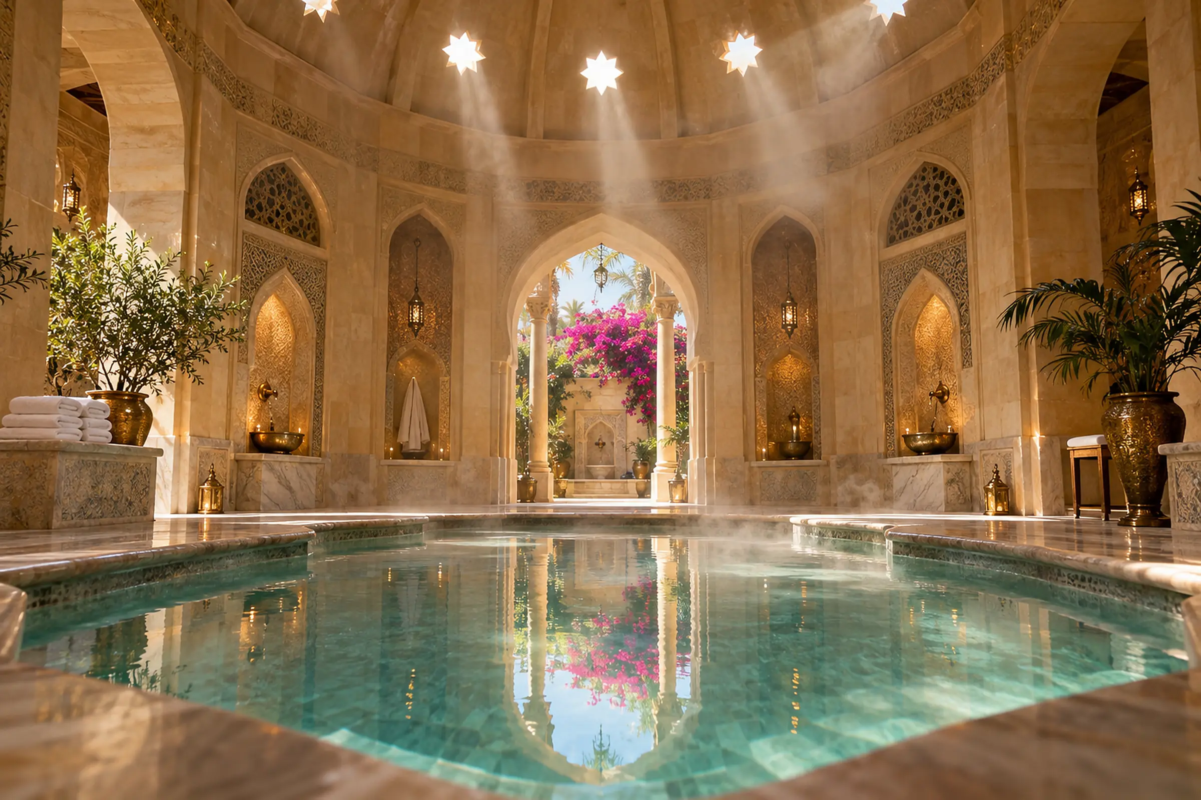 The domed hammam: a turquoise pool under shafts of sunlight from star-shaped skylights